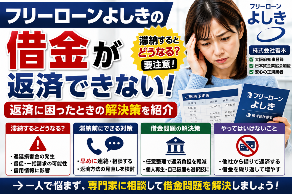 フリーローンよしきの借金が返済できない！滞納するとどうなる？返せないときの対策と債務整理を解説