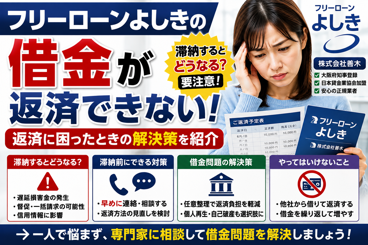 フリーローンよしきの借金が返済できない！滞納するとどうなる？返せないときの対策と債務整理を解説