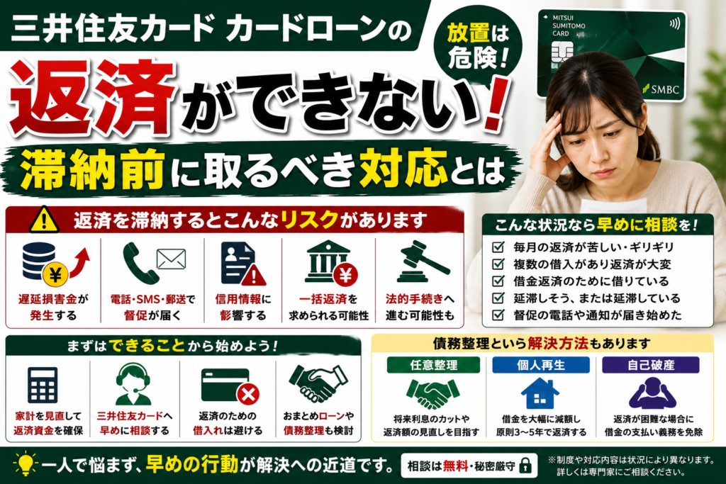 三井住友カード カードローンの返済ができない！滞納前に取るべき対応とは