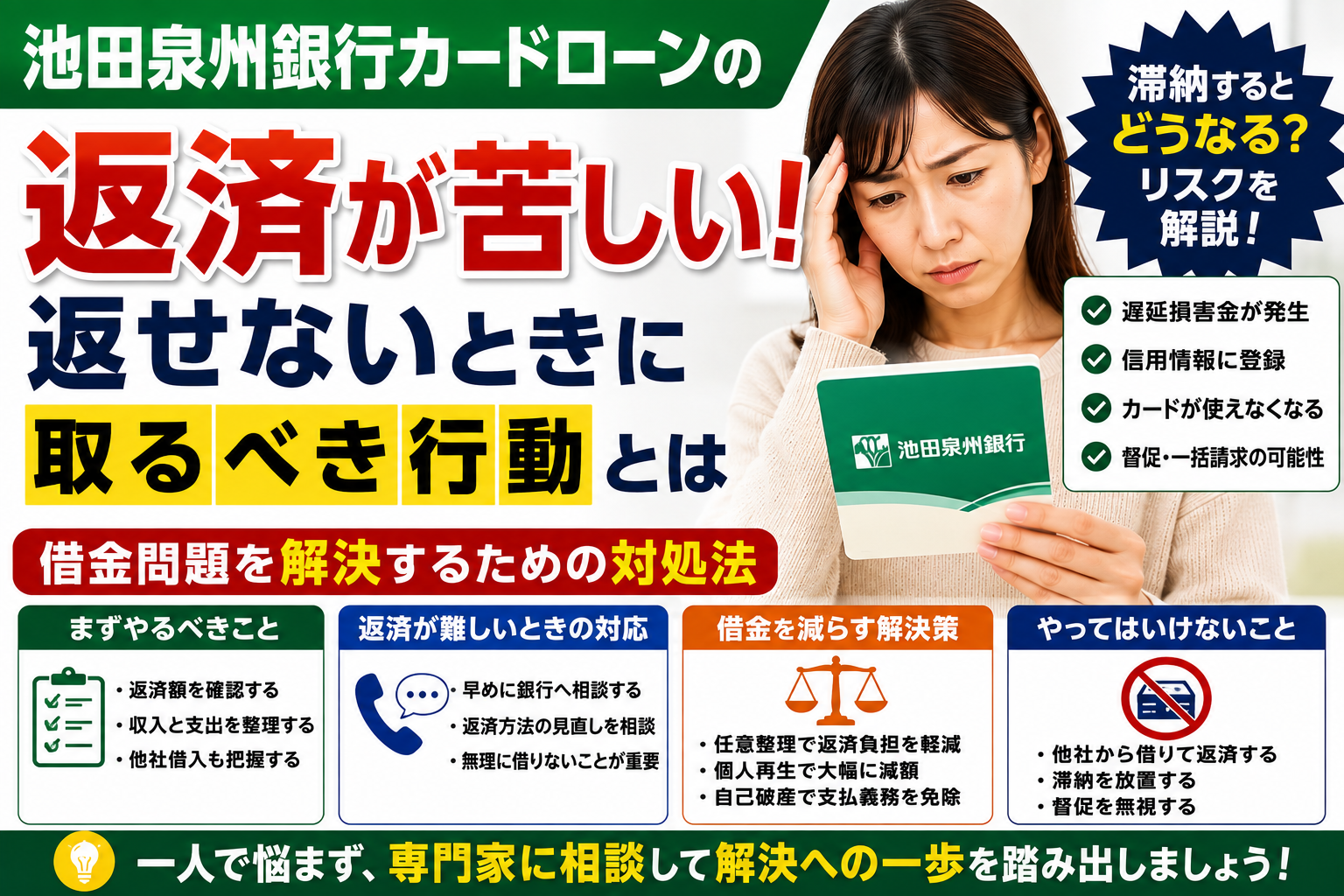 池田泉州銀行カードローンの返済が苦しい！返せないときに取るべき行動と債務整理の判断基準